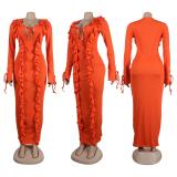 Orange Long Sleeve Low Cut V Neck Striped Lacy Bodycon Long Dress