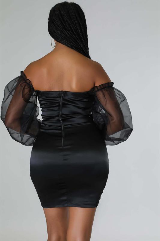 Black Off Shoulder Mesh Long Sleeve Button Pleated Night Club Mini Dress