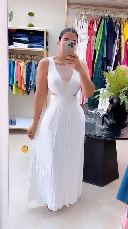 White Sleeveless Mesh V Neck Hollow Luxury Long Dress