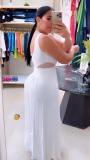 White Sleeveless Mesh V Neck Hollow Luxury Long Dress