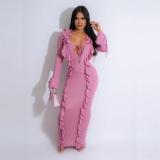 Pink Long Sleeve Low Cut V Neck Striped Lacy Bodycon Long Dress