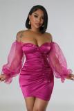 RoseRed Off Shoulder Mesh Long Sleeve Button Pleated Night Club Mini Dress