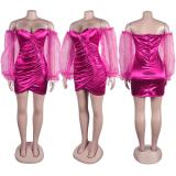 RoseRed Off Shoulder Mesh Long Sleeve Button Pleated Night Club Mini Dress