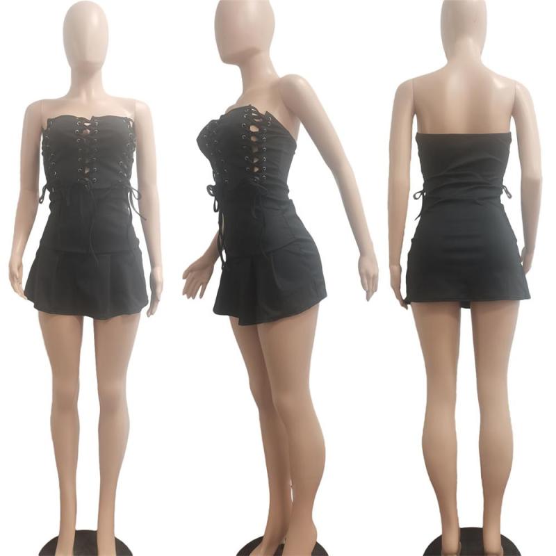 Black Off Shoulder Sleeveless Lace Up Bandage Mini Dress