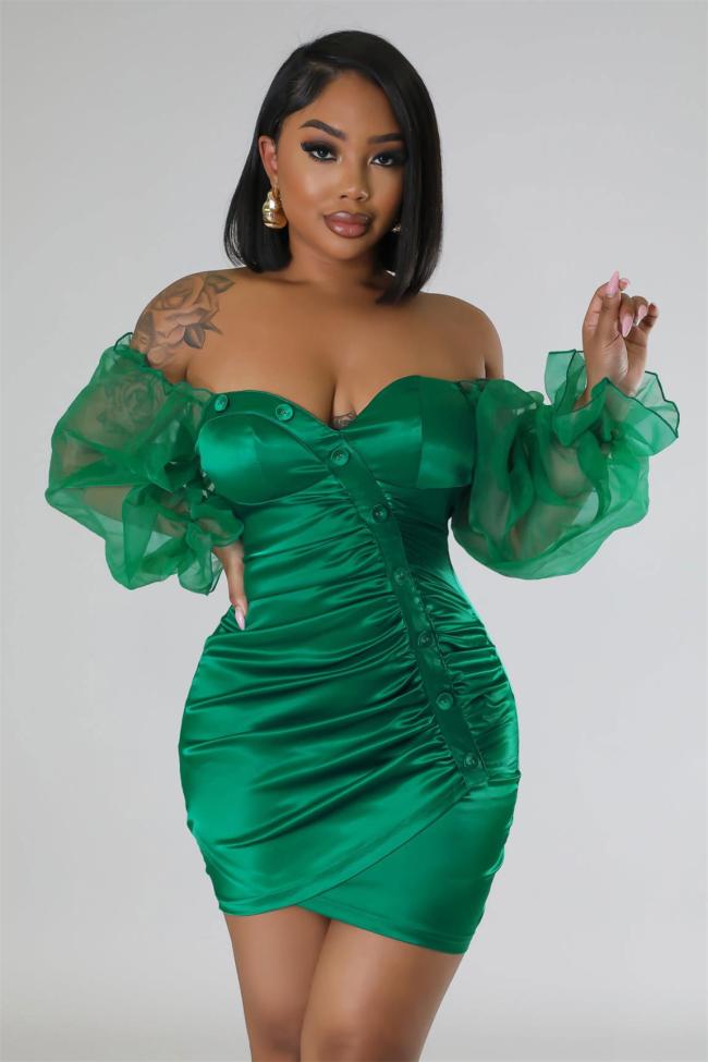 Green Off Shoulder Mesh Long Sleeve Button Pleated Night Club Mini Dress
