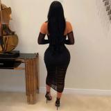 Black Off Shoulder Two Pieces Sexy V Neck Tops Silk Plewated Midi Dress