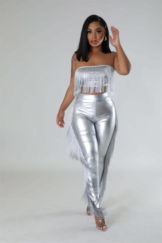 Silver Sleeveless Tassels Crop Tops Two Pieces Slim Fit Girding Pants Sexy Jumpsuit