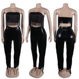 Black Sleeveless Tassels Crop Tops Two Pieces Slim Fit Girding Pants Sexy Jumpsuit