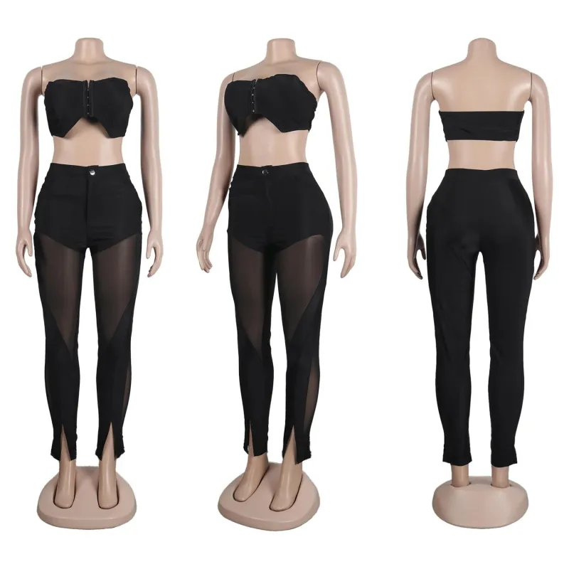 Black Off Shoulder Crop Tops Two Pieces Sexy Mesh Club Pant Sets