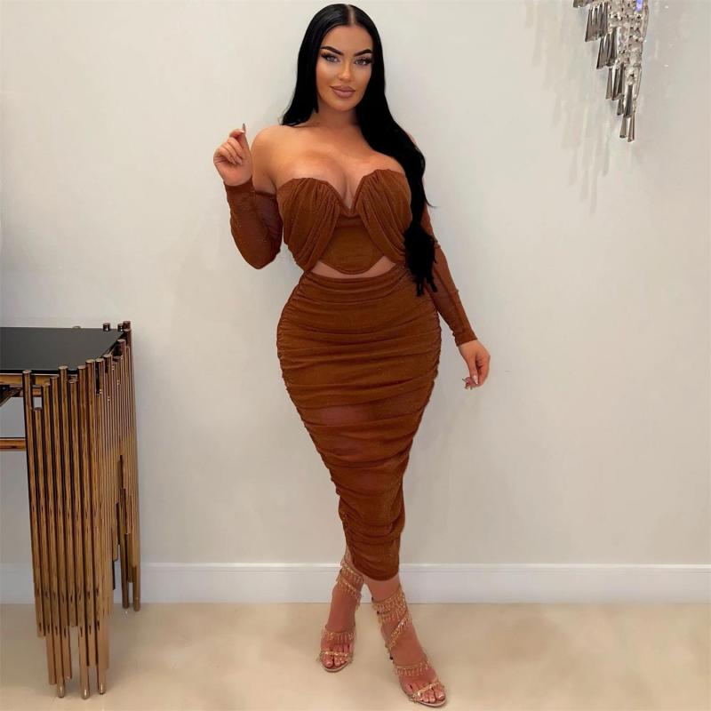Brown Off Shoulder Two Pieces Sexy V Neck Tops Silk Plewated Midi Dress