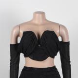 Black Off Shoulder Two Pieces Sexy V Neck Tops Silk Plewated Midi Dress