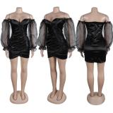 Black Off Shoulder Mesh Long Sleeve Button Pleated Night Club Mini Dress