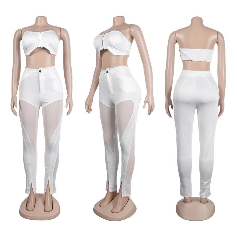 White Off Shoulder Crop Tops Two Pieces Sexy Mesh Club Pant Sets