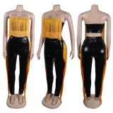 Gold Sleeveless Tassels Crop Tops Two Pieces Slim Fit Girding Pants Sexy Jumpsuit