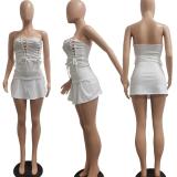 White Off Shoulder Sleeveless Lace Up Bandage Mini Dress