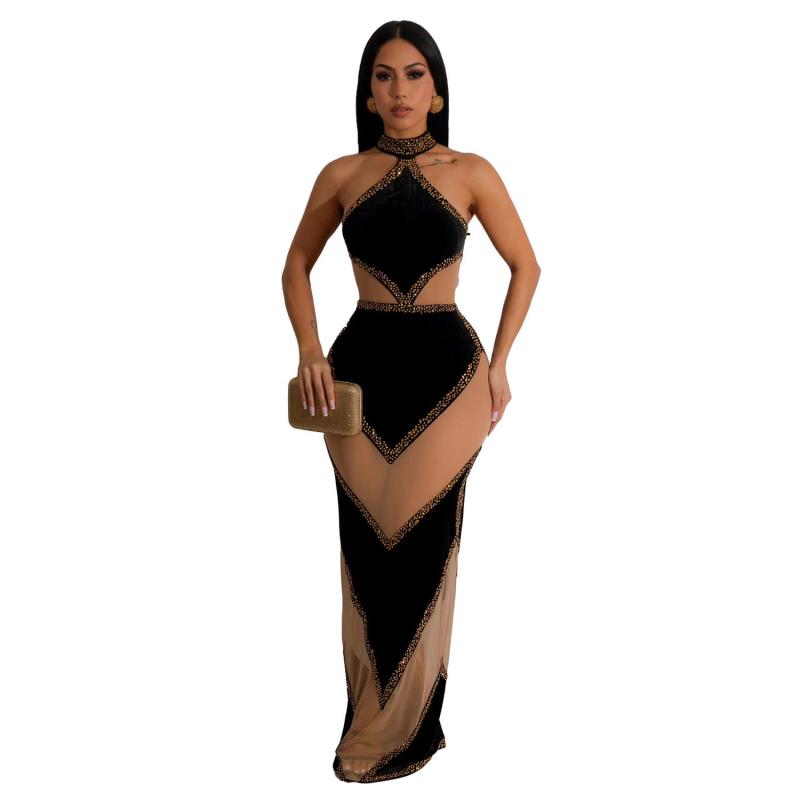 Black Sleeveless Luxury Mesh Rhinestone Bodycon Formal Long Dress