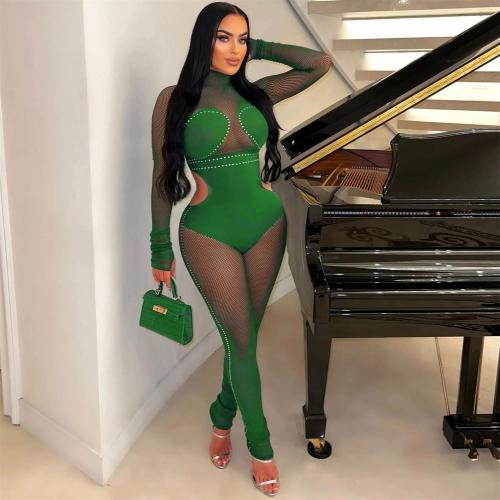 Green Lace Long Sleeve Sexy See Through Long Club Sexy Jumpsuit