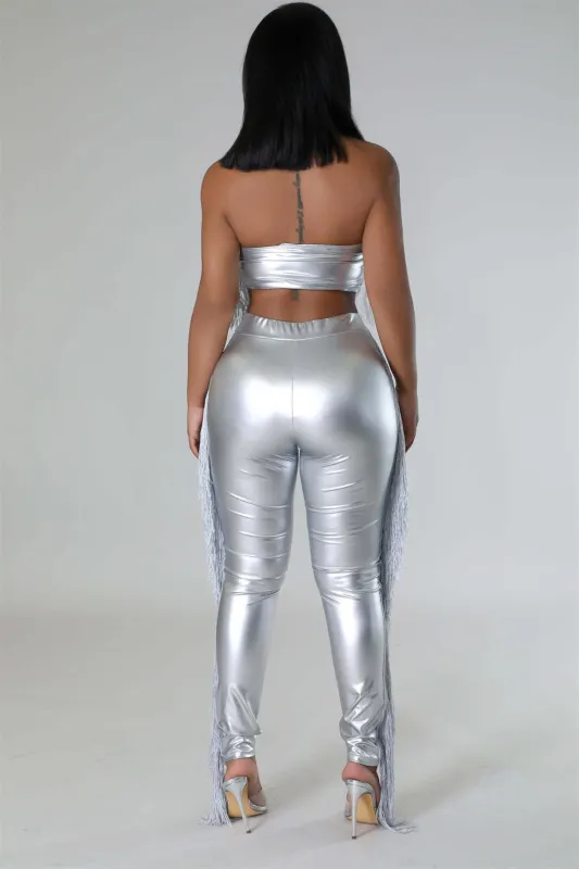 Silver Sleeveless Tassels Crop Tops Two Pieces Slim Fit Girding Pants Sexy Jumpsuit