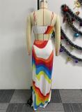 WhiteRed Sleeveless Halter Neck Printing Elastic Vacation Maxi Dress