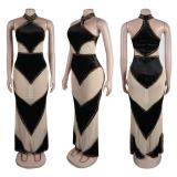 Black Sleeveless Luxury Mesh Rhinestone Bodycon Formal Long Dress
