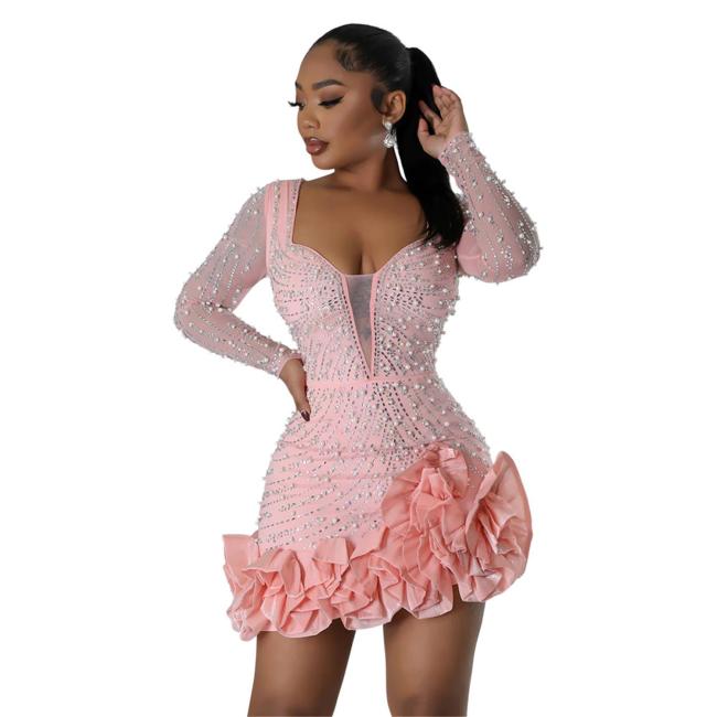 Pink Long Sleeve Low Cut Mesh Rhinestone Pleated Mini Dress