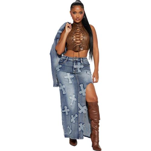 Blue Two Pieces Zipper Denim Crop Tops Slit Sexy Pants Jeans Dress