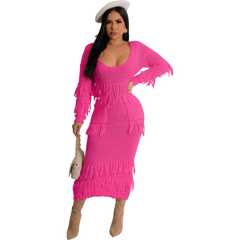 RoseRed Long Sleeve Knitted Hollow Sexy Party Tassels Midi Dress