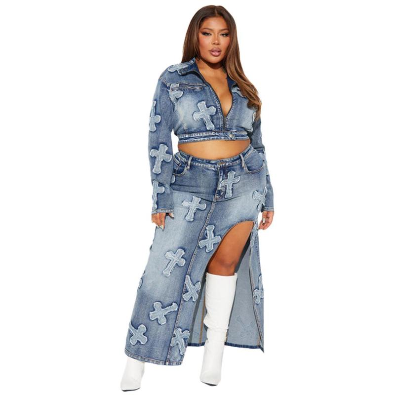 Blue Two Pieces Zipper Denim Crop Tops Slit Sexy Pants Jeans Dress