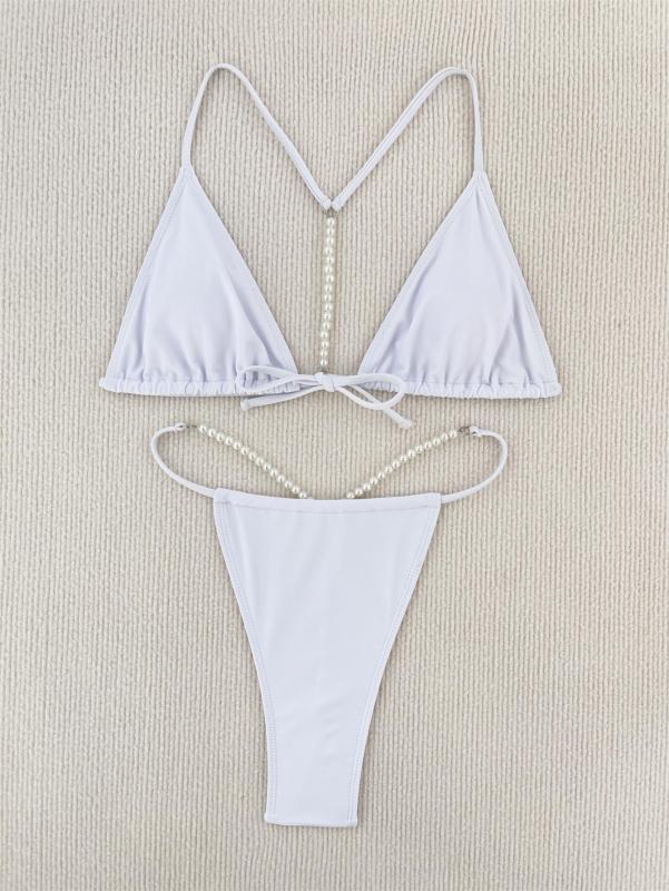 White Sexy Solid Pearl String Bikini Swimsuit