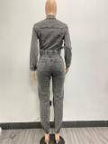 DarkGray Long Sleeve Zipper Denim Jacket Wash Jeans Pant Jumpsuit Sets