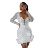 White Long Sleeve Low Cut Mesh Rhinestone Pleated Mini Dress
