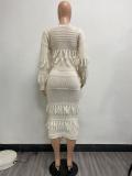 Beige Long Sleeve Knitted Hollow Sexy Party Tassels Midi Dress