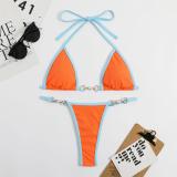 Orange Solid Metallic Pearls Bikini Set Swimsuit