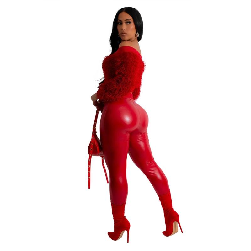 Red Long Sleeve Velvet Zipper Crop Tops Sexy Slim Fit Pant Sets