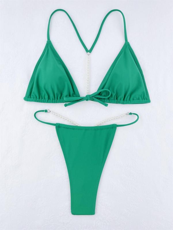 Green Sexy Solid Pearl String Bikini Swimsuit