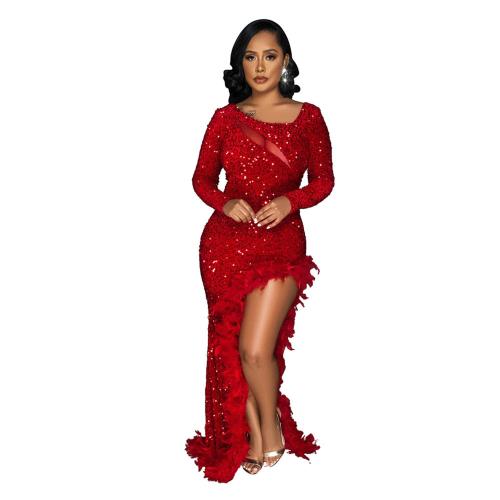 Red Long Sleeve Sequins Mesh Feather Bodycon Evening Maxi Dress