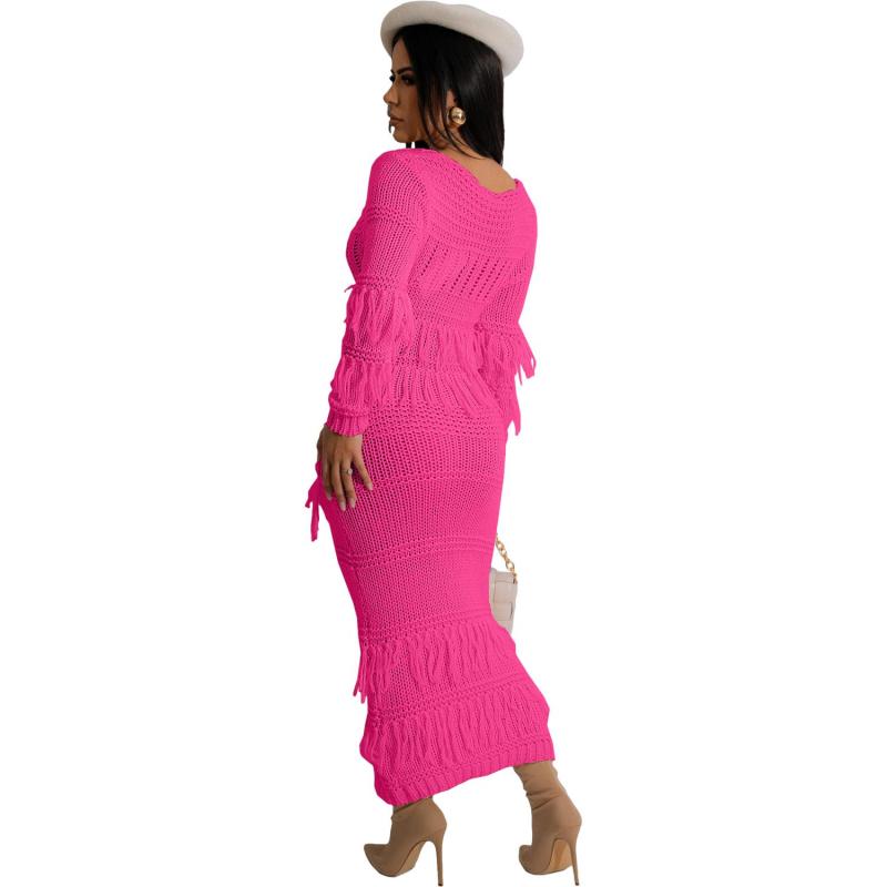 RoseRed Long Sleeve Knitted Hollow Sexy Party Tassels Midi Dress