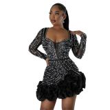 Black Long Sleeve Low Cut Mesh Rhinestone Pleated Mini Dress