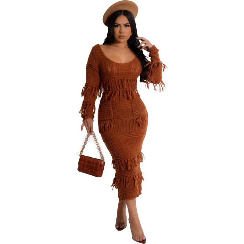 Coffee Long Sleeve Knitted Hollow Sexy Party Tassels Midi Dress