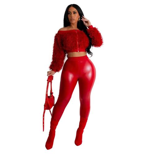 Red Long Sleeve Velvet Zipper Crop Tops Sexy Slim Fit Pant Sets
