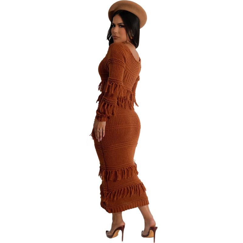 Coffee Long Sleeve Knitted Hollow Sexy Party Tassels Midi Dress