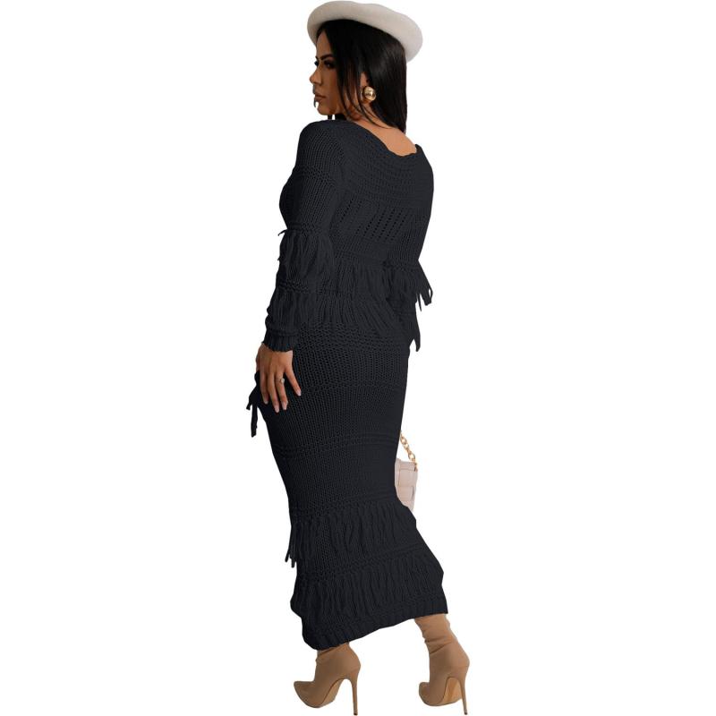 Black Long Sleeve Knitted Hollow Sexy Party Tassels Midi Dress