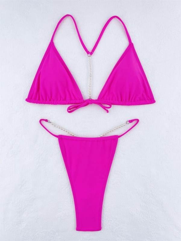 RoseRed Sexy Solid Pearl String Bikini Swimsuit