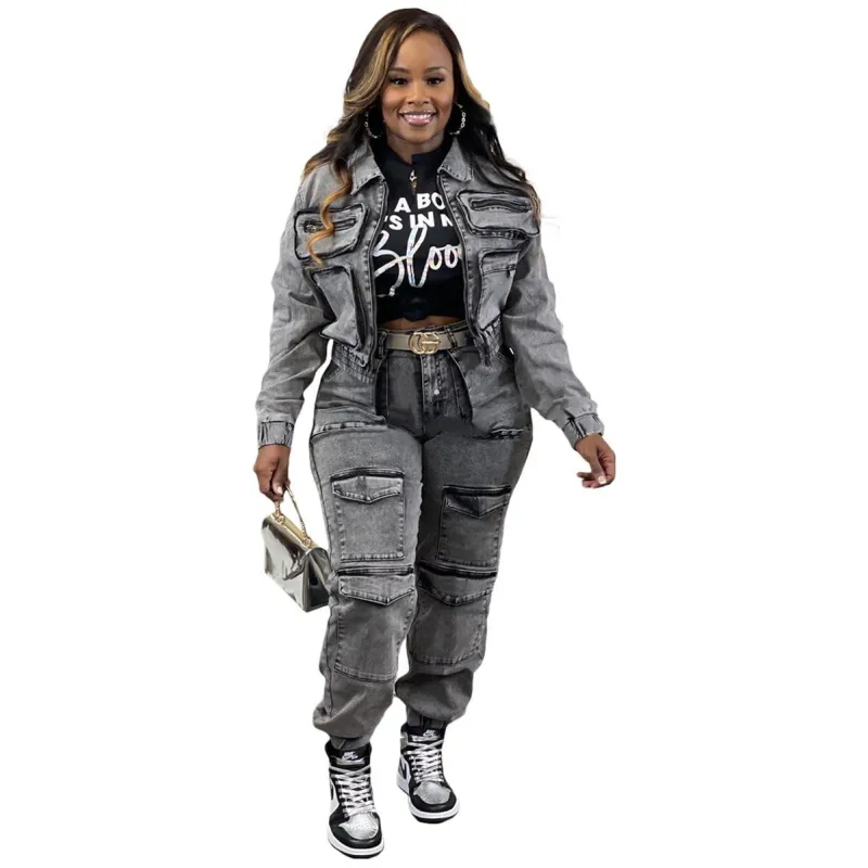 DarkGray Long Sleeve Zipper Denim Jacket Wash Jeans Pant Jumpsuit Sets