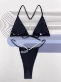 Black Sexy Solid Pearl String Bikini Swimsuit