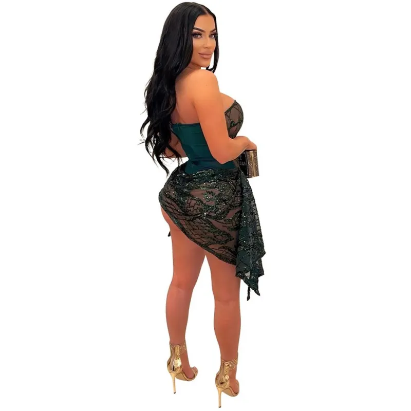 Green Off Shoulder V Neck Sequins Sexy See Through Club Mini Dress