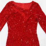 Red Long Sleeve Sequins Mesh Feather Bodycon Evening Maxi Dress