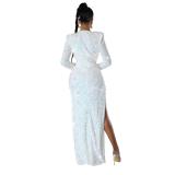 White Two Pieces Sequins Long Sleeve Mesh Underwear Formal Evening Long Dress