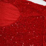 Red Two Pieces Sequins Long Sleeve Mesh Underwear Formal Evening Long Dress