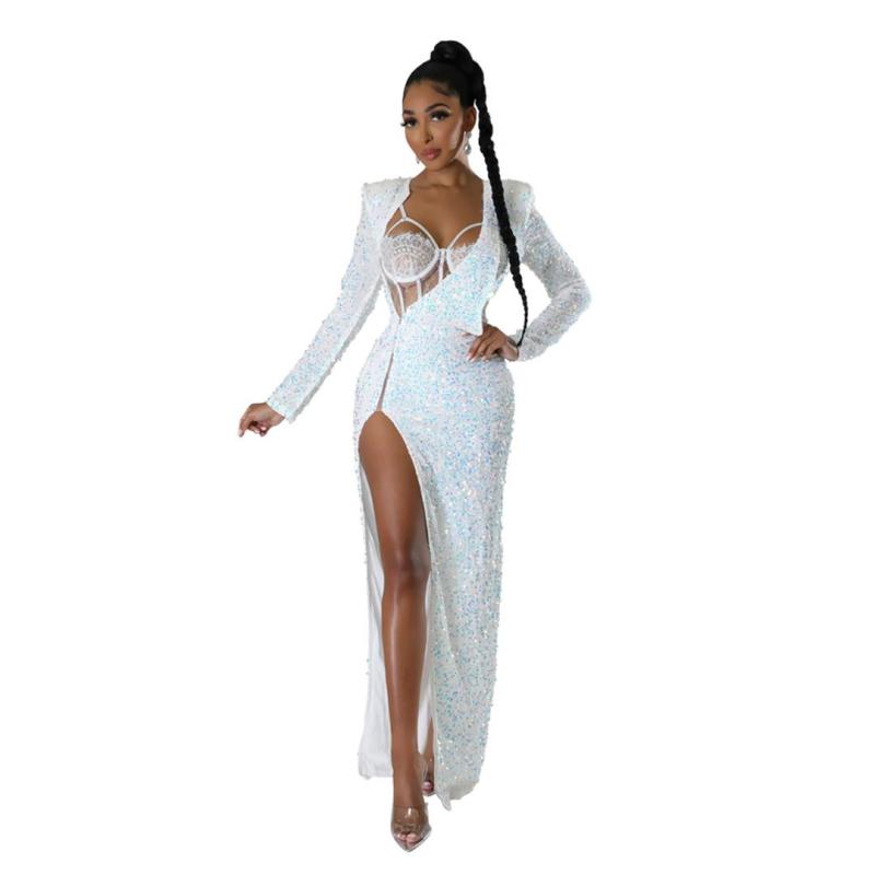 White Two Pieces Sequins Long Sleeve Mesh Underwear Formal Evening Long Dress